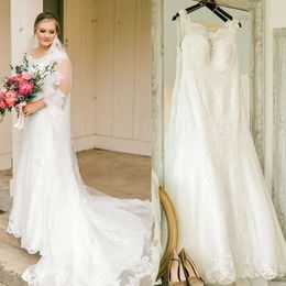 Dresses Straps Gorgeous Bridal Mermaid Wedding Gown Lace Applique Satin Beach Sweep Train Custom Made Vestidos De Novia Plus Size
