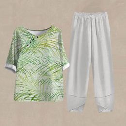 Women's Two Piece Pants Summer Vintage Suits Eleagnt Ladies Short Sleeve Female Outfits Plants Printed Middle-Aged T-Shirt For Women