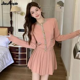 Work Dresses Spring Autumn Korean Women Sweet Pink Sweater Cardigan Mini Skirts Two Piece Set Lady Slim Knit Coat Skirt Outfits Knitwear