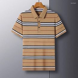 Men's Polos High End Luxury Silk Knitted Polo Shirt 2024Summer LapeL Stripe Half Sleeve Solid Breathable T-shirt Business Menswear