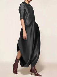 Plus Size Womens Satin Jumpsuit Crew Neck Half Sleeve Loose Elegant Vintage Fashion Shiny Silk Jumpsuit Rompers for Female 240428