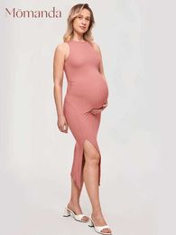 Maternity Dresses Momanda Halter Neck Rib Pregnant Womens Wear Italian Noodle Shoulder Strap Bodycon Dress Square Baby Shower MA002 Q240427