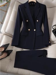 Women's Two Piece Pants Gray Black Blue White Fashion Women Pant Suit Long Sleeve Solid Ladies Blazer And Trouser Formal 2 Set For Autumn