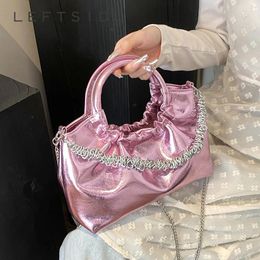 Drawstring Y2K Round Handle Design Glossy Leather Small Tote Bags For Women 2024 Crossbody Bag Lady Chain Handbags And Purses