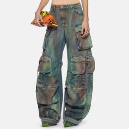 Women Tie Dye Washed Denim Cargo Pants Big Multi-pockets Straight Jeans Loose Trousers Cool Hiphop Lady Baggy Pants Streetwear 240424