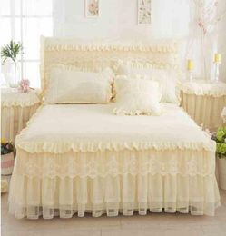 Beige Princess Lace Bedspread Bed Skirt 3pcsset Ruffles bedding Bed sheet Cotton Pillowcase Home Decorative TwinQueenKing Size8608551