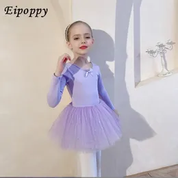 Stage Wear Children's Dancing Clothes Pink Long Sleeve Girls Exercise Clothing Winter Purple Sequined Mesh Skirt Toddler Ballet Dance