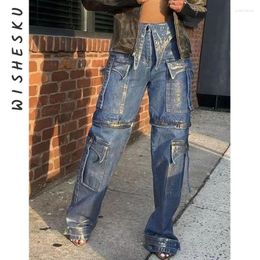 Women's Jeans Women High Waist Washed Pockets Cargo Punk Vintage Grunge Baggy Denim Trousers 2024 Spring Fall Birthday Y2K Clothes