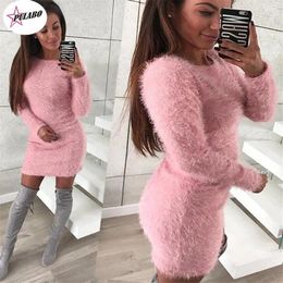 Casual Dresses PULABO Women Fleece Sweater Dress Autumn Winter Turtleneck Long Sleeve Pullover Party Vestidos Female