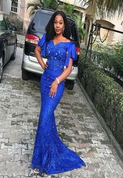 South African Royal Blue Mermaid Evening Dresses Off Shoulder Lace Appliques Prom Dresses Beaded Sweep Train Plus Size Evening Par5384699