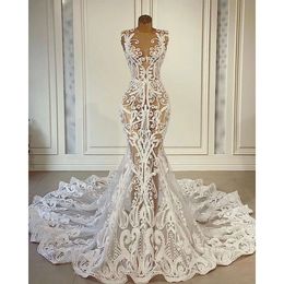 Aso 2021 Arabic Plus Size Ebi Vintage Sexy Lace See Through Mermaid Bridal Dresses Sheer Neck Wedding Gowns Zj266