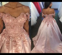 Off Shoulder Blush Pink Prom Dress elegant Sweetheart Lace Appliques 3D flowers long evening party dress party gown robe de soiree4389902