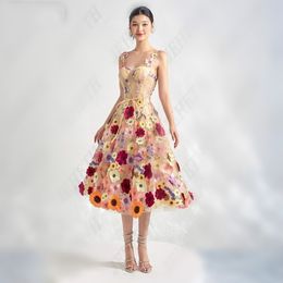 2024 Embroidery Lace Midi Prom Dress Sweetheart Spaghetti Straps Floral A-Line Ballkleid Tea-Length Evening Formal Gown Robe De Soiree Vestidos De Feast