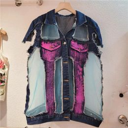 Women's Vests Spring Summer Women Blue Denim Vest Hand-painted Graffiti Print Mesh Patchwork Hole Lapel Sleeveless Jeans Jacket