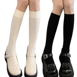 Women Socks Preppy Knee High Sweet Milky White Black Vertical Striped Solid Colour Uniform Thin Calf Stockings