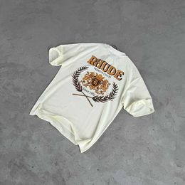 High Quality Original Rhuder Designer t Shirts High Street Hip Hop Fashion Brand Wheat Print Loose Short Sleeved Tshirt Same Style Couple Dress with 1:1 Logo