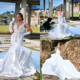 Neck sjöjungfru Tiered V klänningar kjol satin broderi sexiga rygglösa remmar pärlor bröllop brudklänning vestido de novia estido