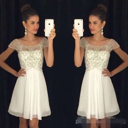 Ivory Homecoming Scoop Dresses Gorgeous Beading Chiffon Neck Short Capped Sleeves Above Knee Length Tail Party Gown Formal Prom Wear