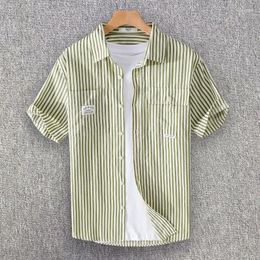 Men's Casual Shirts Striped Short Sleeve Shirt Summer Streetwear Loose Bubble Texture Simple Versatile Youth Fresh Male Clothing