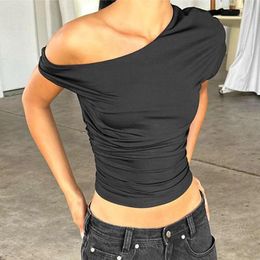 Women's T Shirts Apprabant Solid Slim Fit Casual T-shirt Single Shoulder Diagonal Neck Off Back Folded Versatile Simple Pullover Top For