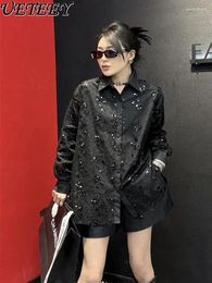 Women's Blouses Fashion Personality Long-Sleeve Shirt Spring Polo Collar Lace Stitching Double-Layer Mid-Length Sequined Loose Tops