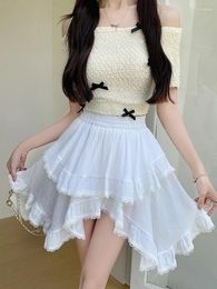 Skirts White Irregular Y2k Ruffles Folds Mini Skirt Girl High Elastic Waist Japaneses Style Lace Cake Sweet Short Black