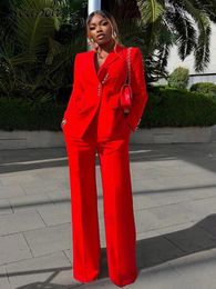 Women's Two Piece Pants High Quality Autumn And Winter Red Professional Suit Sexy V-Neck Long Sleeved Button Blazer Bell Bottoms 2 Set