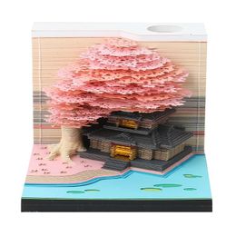 Omoshiroi Block 2024 Calendar 3D Notepad Sakura Temple Calendar Art 3D Memo Pad Sticky Notes Block Notes Decor Year Gifts 240411