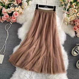 Skirts Classic Solid Colour Nail Bead Bright Silk Slim Mesh A-word Skirt High Waisted Korean Casual All-match Fashion Lady 2024