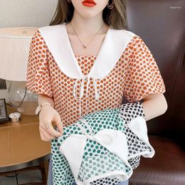 Women's Blouses Patchwork Women Summer 2024 Elegant All-match Casual Short Sleeve Sweet Lace-up Ins Clothing Tops