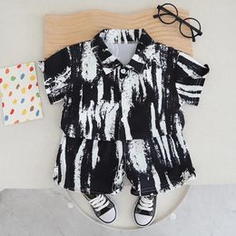 Clothing Sets Kids Summer 2024 Korean Fashion Turn Down Collar Black White Striped T-shirts And Shorts Baby Boys Boutique