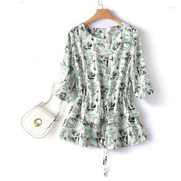 Women's Blouses 2024 Summer Style Printed Round Neck Lacing Fashion Simple And Versatile Half Sleeve Corset Chiffon Shirt Tops