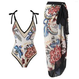 Women's Swimwear Summer Vintage Swimsuit One Piece With Skirt Women Printed Bathing Suit 2024 Beachwear Bath Swim