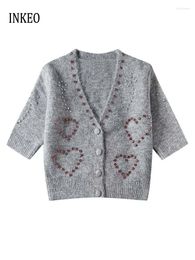 Women's Knits Fashion Beaded Hearts Knit Cardigan Women 2024 Collection Luxury V-neck Rhinestone Sweater Short Sleeve Knitwear Gray 4O024