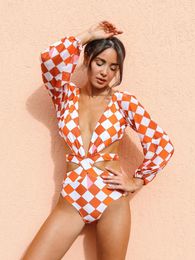 Women's Swimwear Sexy Long Sleeves One Piece Women Swimsuit Waistless V Neck For Ladies Bathing Suit 2024 Summer Holiday Beachwear