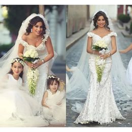 The Gorgeous Lace Elegant Off Mermaid Dresses Shoulder Sweep Train Handmade Flowers Boho Country Wedding Bridal Gowns Custom Made