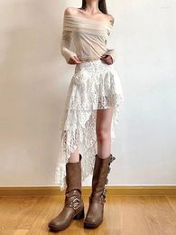 Skirts Skirt Lace Crochet Irregular Streetwear Sweet Y2k Aesthetic 3D Flower High Waist Ruffled Women Fairy Sexy Harajuku Falda