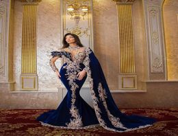 Royal Blue Velvet Mermaid Evening Dresses Beads Long Sleeves High Neck Birthday Party Prom Gowns with Shawl Custom Made8077946