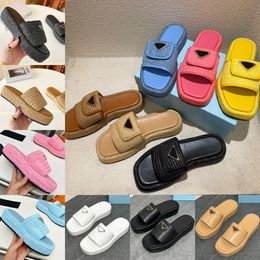 2024 Designer Slippers Men Women Slides Gold Buckle Slip On Black Brown Pink Crochet Slider Women Casual Sandal Platform Wedges Straw Leather Flatform Flip Flops