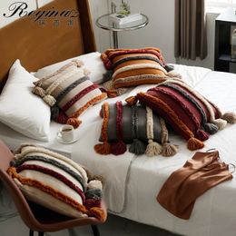 REGINA Bohemian Decor Tufted Cushion Cover Colorful Stripe Tassel Living Room Bedroom Decoration Knitted Throw Pillow Case 240428