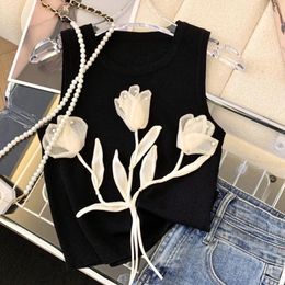 Women's Tanks 2024 Summer Knitted T Shirt For Women Bouquet Of Flowers Vintage Sexy Ropa De Mujer Y2k Fashion Short Tank Tops Camisetas Tees