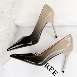 Dress Shoes Women Gradient Colour Pointed Toe Thin Heel Shallow Pumps Mixed Colours High 9cm 7cm Fashion Lady Stiletto In Banquet