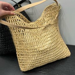 Summer beach bags designer straw totes for women fashion leather handle hollow out designer handbag with drawstring bags black khaki Woven Bucket Tote shoulder bags