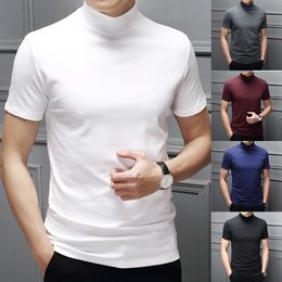 Trend Summer Men Half high Collar Mercerized Cotton Short Sleeve Slim Body TShirt Solid Colour Modale High 240428