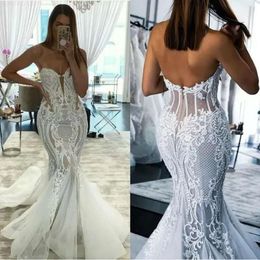 Lace Applique Bridal Wedding Mermaid Dresses Gown Beaded Sweep Train Sweetheart Neckline Corset Back Custom Made Vestidos De Novia Plus Size