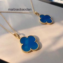 Designer Luxury Necklace vancllf High version Four Leaf Grass Womens V Gold Thick Plated 18K Rose Large Blue Chalcedony Pendant