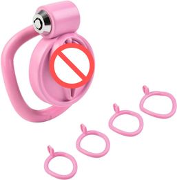 Chastity Cage Male with 5 Different Sized Rings ABS Sissy Cock Cage for Use with Chastity Belt BDSM Penis Lock Bondage Device Sex Toy for Men,Couples Pink