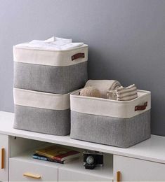 Cube Large Folding Linen Fabric Storage Basket Clothes Storage Box Bin For kids Toys Organiser With Artificial Leather Handles T209274291