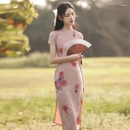 Ethnic Clothing Women Pink Cheongsam Female Style Clothes Chinese Vintage Floral Long Dress S To 2XL