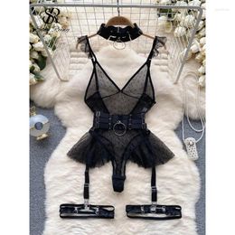 Bras Sets Round Dot Sexy Bodysuits Women Belt Slim Lingerie Little Devil Apparel Erotic Porn Mesh Playsuit Set High Waist